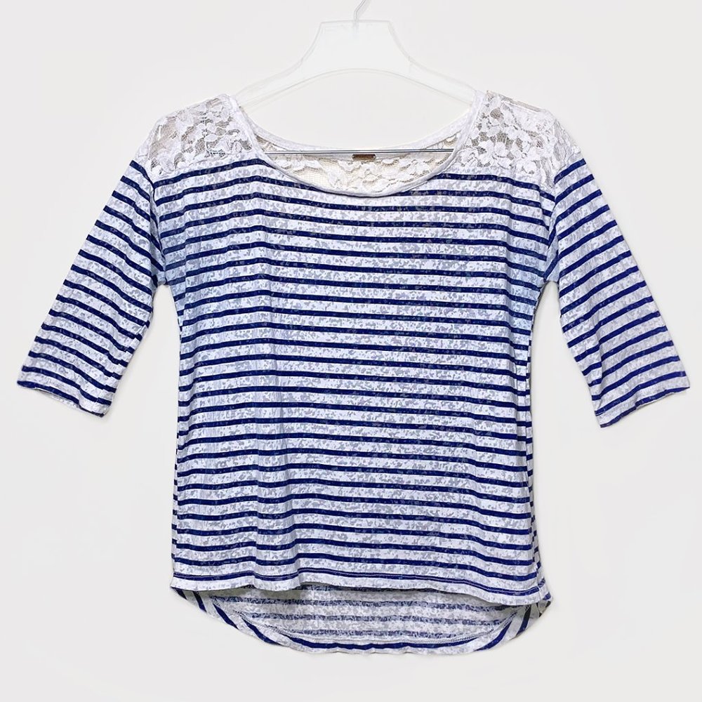 Navy Striped Lace Long Sleeve Shirt by Poof